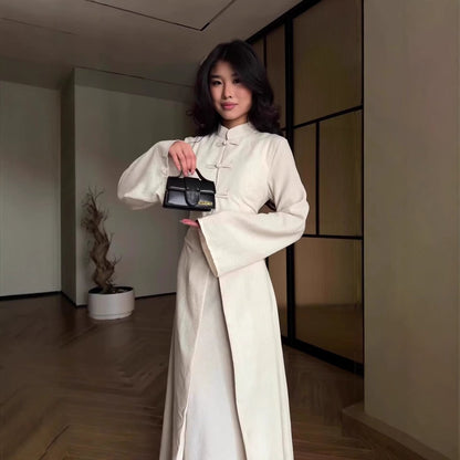 Chinese Frog Button Stand Collar Top & Wide-Leg Maxi Skirt Co-ord Set(MS483)