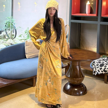 Chinese Style Jacquard & Print Maxi Wrap Dress(MS424)