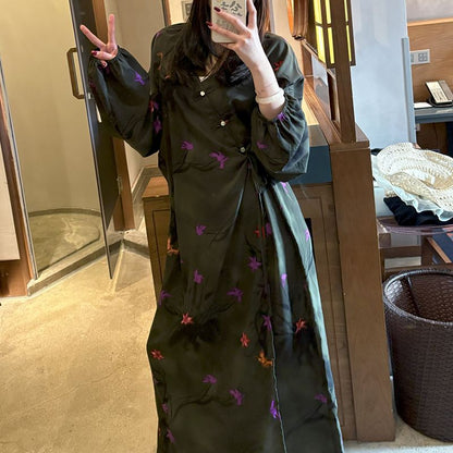 Chinese Style Jacquard & Print Maxi Wrap Dress(MS424)