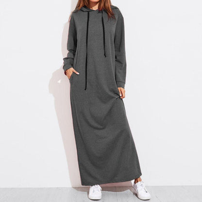 Comfortable Hooded Maxi Dress with Drawstring | Long Sleeve Polyvinyl Alcohol Fiber Dress with Pockets(MS119)