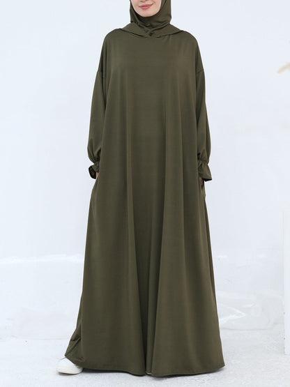 Comfortable Milk Silk Hooded Maxi Dress with Pockets | Elastic Cuff Long Sleeve Dress(MA321)