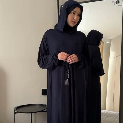 Comfortable Milk Silk Hooded Maxi Dress with Pockets | Elastic Cuff Long Sleeve Dress(MA321)