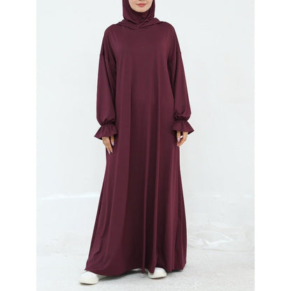 Comfortable Milk Silk Hooded Maxi Dress with Pockets | Elastic Cuff Long Sleeve Dress(MA321)