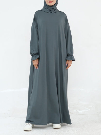 Comfortable Milk Silk Hooded Maxi Dress with Pockets | Elastic Cuff Long Sleeve Dress(MA321)