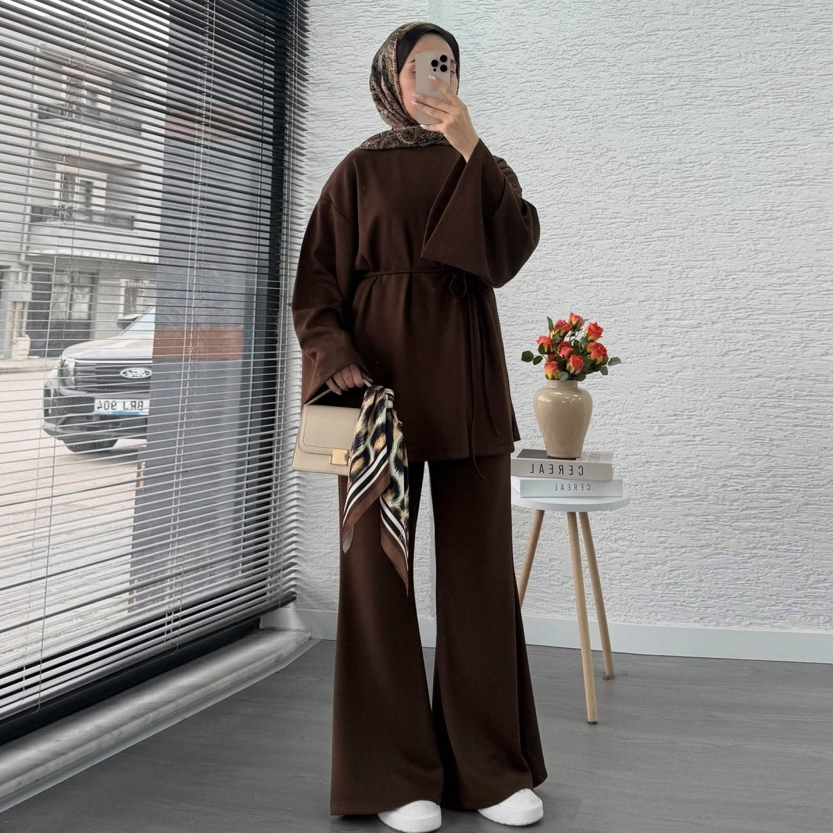 Cotton Two-Piece Set | Belted Tunic Top & Pants(MS279)