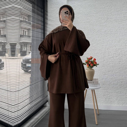 Cotton Two-Piece Set | Belted Tunic Top & Pants(MS279)