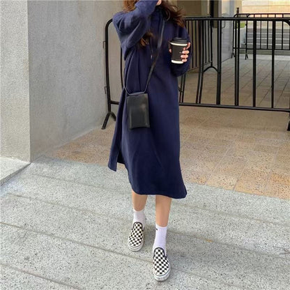 Cozy Hooded Pullover Maxi Dress | Mid-Length Fleece Lined Dress with Side Slits(MS137)