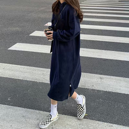 Cozy Hooded Pullover Maxi Dress | Mid-Length Fleece Lined Dress with Side Slits(MS137)