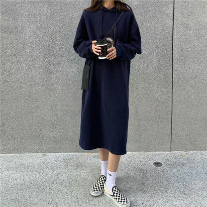 Cozy Hooded Pullover Maxi Dress | Mid-Length Fleece Lined Dress with Side Slits(MS137)