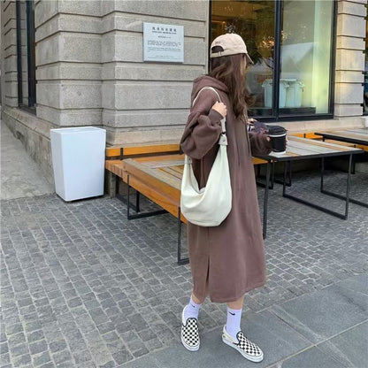 Cozy Hooded Pullover Maxi Dress | Mid-Length Fleece Lined Dress with Side Slits(MS137)