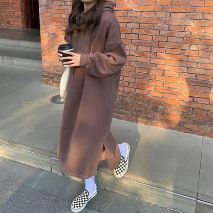 Cozy Hooded Pullover Maxi Dress | Mid-Length Fleece Lined Dress with Side Slits(MS137)