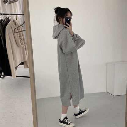 Cozy Hooded Pullover Maxi Dress | Mid-Length Fleece Lined Dress with Side Slits(MS137)