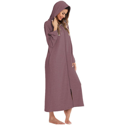 Cozy Longline Zip-Up Cardigan with Pockets | Home Wear Comfort(MS110)