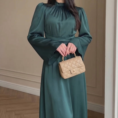 Cross-Wrap Ruched Neck Satin Maxi Dress(MS445)