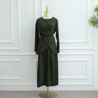 Cross-Wrap Waist Top & A-Line Maxi Skirt Set(MS475)