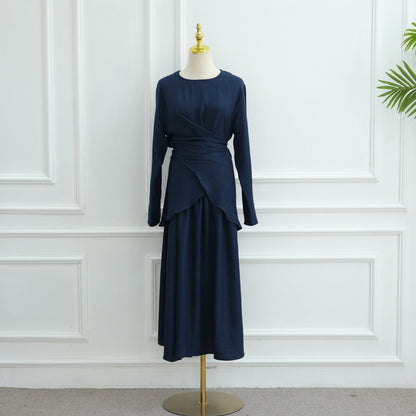 Cross-Wrap Waist Top & A-Line Maxi Skirt Set(MS475)