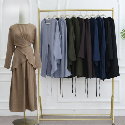 Cross-Wrap Waist Top & A-Line Maxi Skirt Set(MS475)