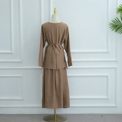 Cross-Wrap Waist Top & A-Line Maxi Skirt Set(MS475)