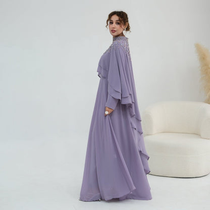 Crystal Embellished Cape Sleeve Chiffon Maxi Dress Set(MS461)