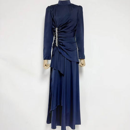 Crystal-Embellished Ruched Dress with Asymmetric Ruffle Skirt(MS346)