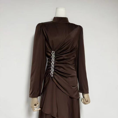 Crystal-Embellished Ruched Dress with Asymmetric Ruffle Skirt(MS346)