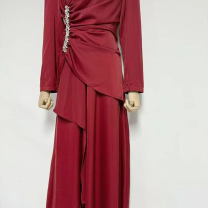 Crystal-Embellished Ruched Dress with Asymmetric Ruffle Skirt(MS346)