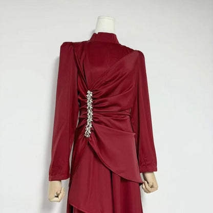 Crystal-Embellished Ruched Dress with Asymmetric Ruffle Skirt(MS346)