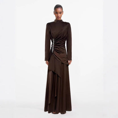 Crystal-Embellished Ruched Dress with Asymmetric Ruffle Skirt(MS346)