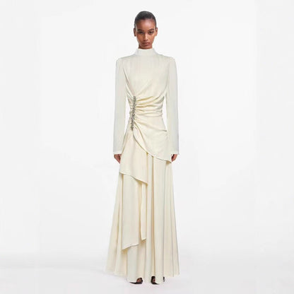 Crystal-Embellished Ruched Dress with Asymmetric Ruffle Skirt(MS346)
