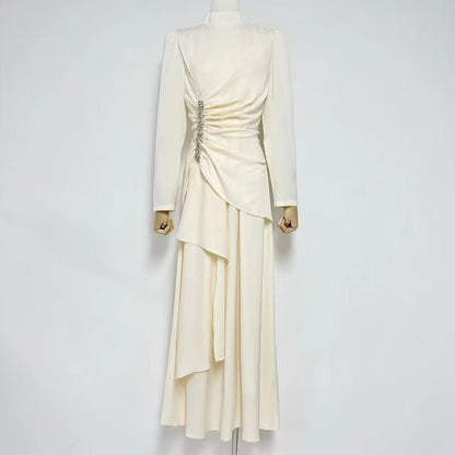 Crystal-Embellished Ruched Dress with Asymmetric Ruffle Skirt(MS346)