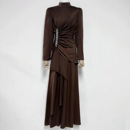 Crystal-Embellished Ruched Dress with Asymmetric Ruffle Skirt(MS346)