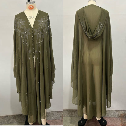 Crystal & Pearl Embellished Hooded Cape Abaya (MA366)