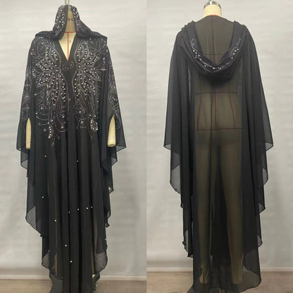 Crystal & Pearl Embellished Hooded Cape Abaya (MA366)