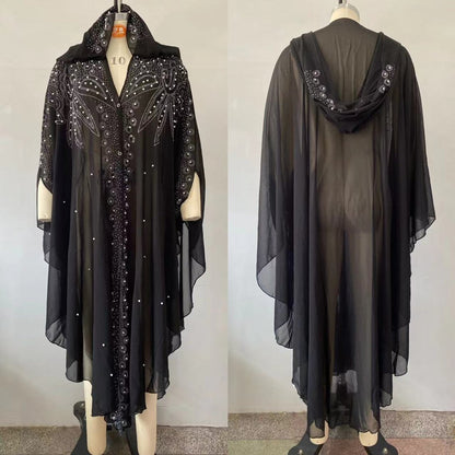 Crystal & Pearl Embellished Hooded Cape Abaya (MA366)
