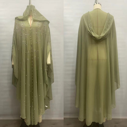 Crystal & Pearl Embellished Hooded Cape Abaya (MA366)