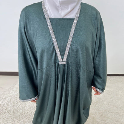 Crystal Trim Butterfly Sleeve Abaya | Oversized Prayer Dress(MA350)