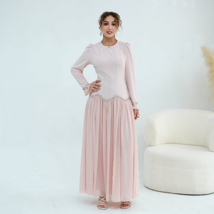 Crystal-Trim Ruffle Cuffs Maxi Dress(MS458)