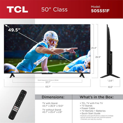 TCL 50-Inch Class S5 UHD 4K LED Smart TV with Fire TV (50S551F, 2024 Model), Dolby Vision, HDR PRO+, Dolby Atmos, Alexa Built-In with Voice Remote, Apple Airplay 2 Compatibility, Streaming Television