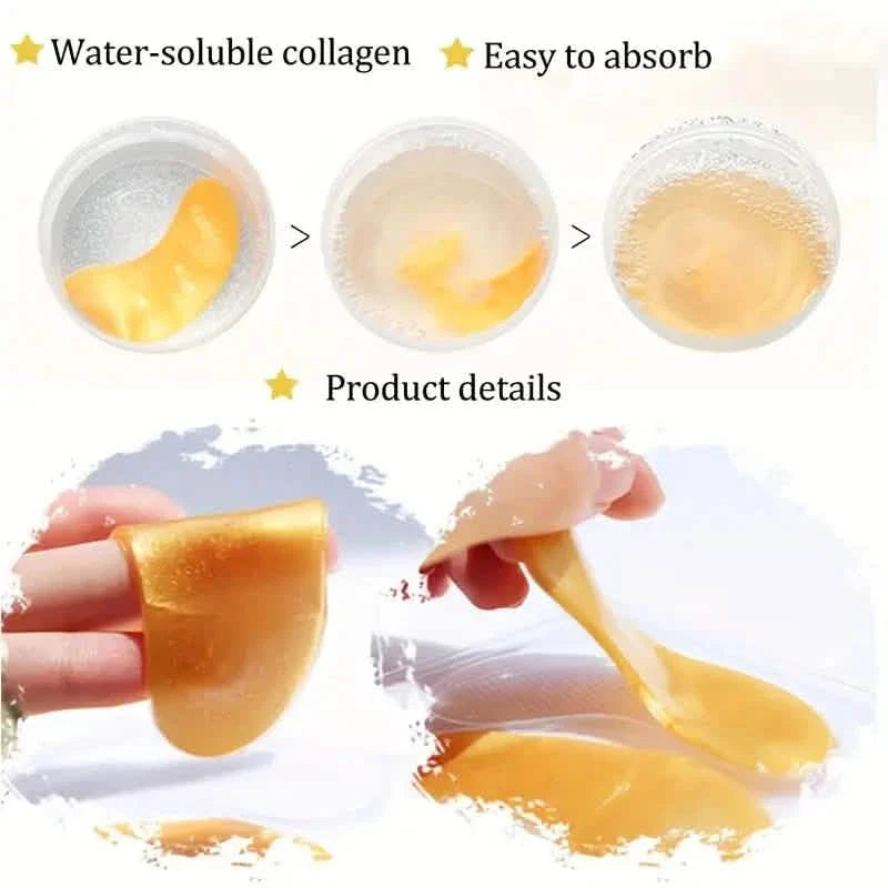 Two packs of golden under eye patches for hydration, designed for women and men, used for soothing and revitalizing the eye area.