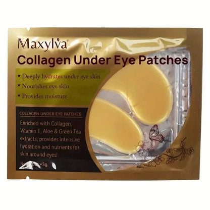 Two packs of golden hydrating eye patches with crystal design for under eye care, suitable for women and men.