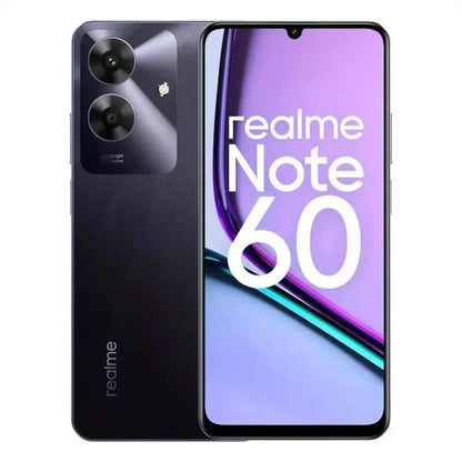 Realme Note 60 unlocked smartphone with 6GB RAM, 128GB storage, and Android 14, shown with screen and sleek design.