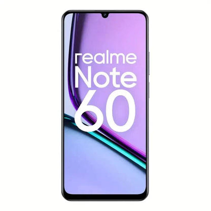Realme Note 60 unlocked smartphone with 6GB RAM, 128GB storage, Android 14, shown from the front with a modern display.