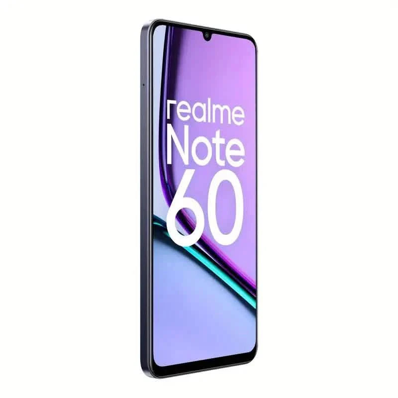Realme Note 60 unlocked smartphone with 6GB RAM, 128GB storage, and Android 14, displayed in a sleek black design.