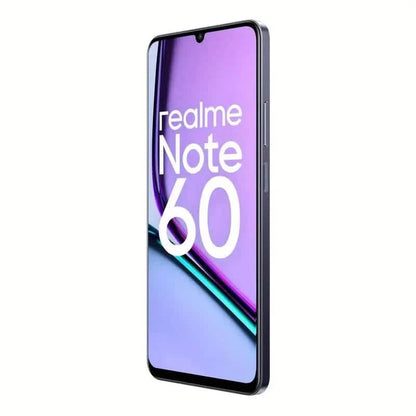 Realme Note 60 unlocked smartphone with 6GB RAM, 128GB storage, Android 14, shown from the front with a sleek design.