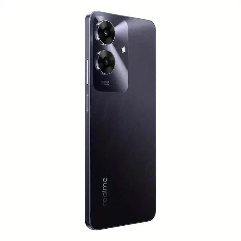 Realme Note 60 unlocked smartphone with 6GB RAM, 128GB storage, running Android 14, shown in a sleek black design.