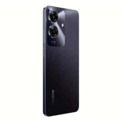 Realme Note 60 unlocked smartphone with 6GB RAM, 128GB storage, running Android 14, shown in a sleek black design.