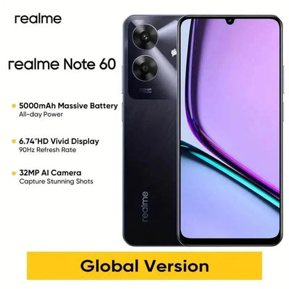 Realme Note 60 unlocked smartphone with 6GB RAM, 128GB storage, Android 14, displayed from the front showing screen and design.