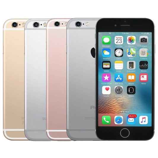 Refurbished Apple iPhone 6S fully unlocked cell phone with black front and silver back, showing the screen and side buttons.