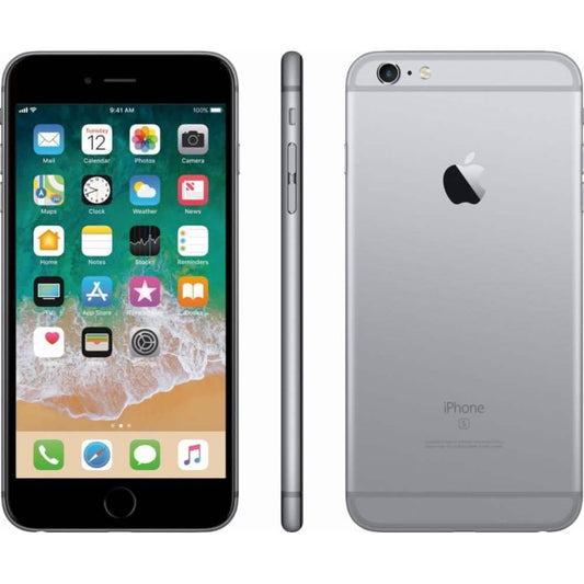 Gray Apple iPhone 6s Plus fully unlocked cell phone with 16GB storage, displayed front view showing screen and home button.