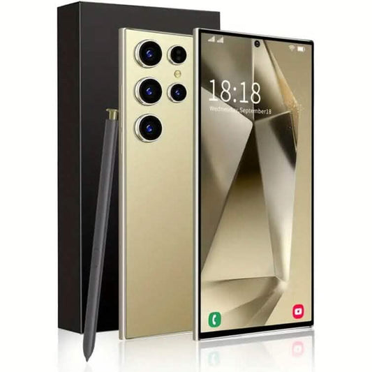 Gold Android Ultra Pro unlocked dual SIM 5G smartphone with 8GB RAM and 256GB storage, displayed on a plain background.